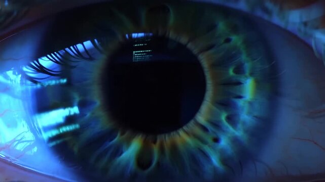 Macro tracking shot of human eye reflecting scrolling digital code with iris dilation in clinical close up studio lighting