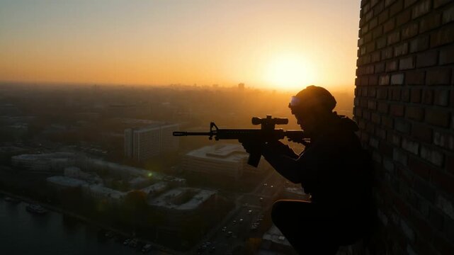 Tracking shot silhouette sniper aiming from rooftop edge over urban skyline at sunrise with scope and tactical gear overlooking river and highrise cityscape at dawn