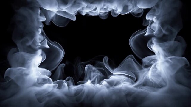 Slow motion static shot of smoke columns and wisps rising and swirling to form rectangular smoke frame on black background in dark studio