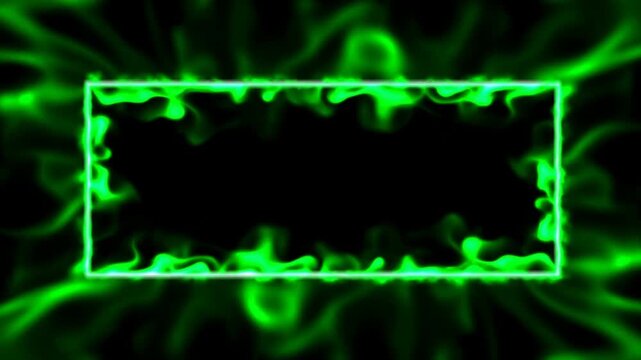 Slow motion static shot of glowing green flame rectangle border pulsing and flickering around black background center with smoky luminous edges