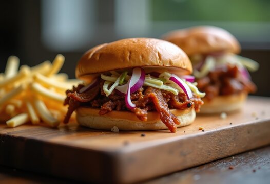 Delectable Pulled Pork Sandwich Coleslaw Rustic Wooden Serving Tray Artistry