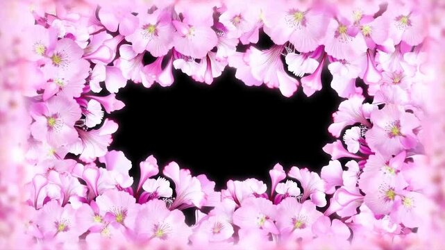 Slow dolly in of pink cherry blossom petals forming floral frame around black center on white background