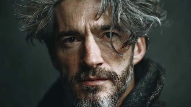 Confident and handsome man with striking features showcases individuality in a dramatic portrait set against a dark background emphasizing his unique style