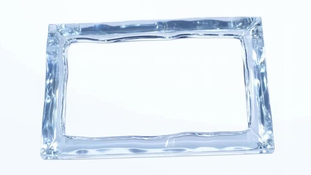 Static shot of transparent glass rectangle frame rotating slightly on white studio surface with subtle reflections and light sweep