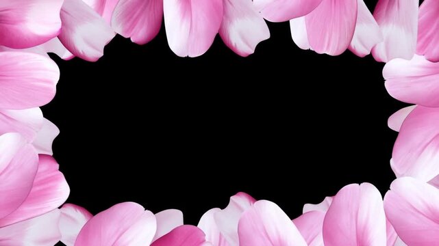 Slow motion inward zoom of pink tulip petals closing into black center forming floral border on seamless isolated studio background