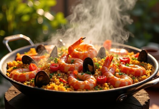 Dynamic Seafood Paella Skillet Over Intense Open Flame Captured in Rustic Outdoor Setting
