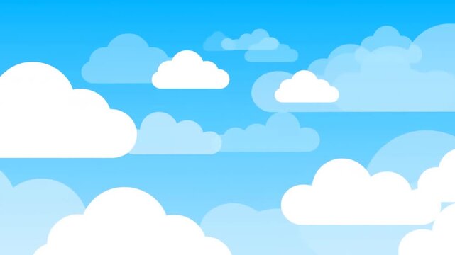 Panning shot of animated white clouds drifting across layered blue sky background with flat vector design daytime gentle motion