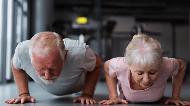 Fit senior couple exercising indoors while doing push-ups in a spacious gym environment during daylight hours