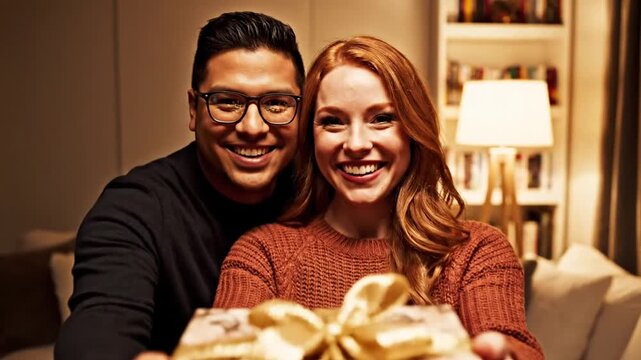 Happy man giving wrapped gift to smiling woman at home