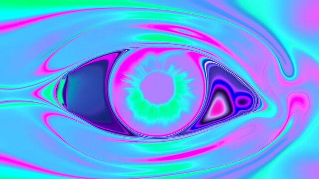 Slow motion tracking zoom of abstract psychedelic eye morphing with colorful liquid ripples and expanding pulsing iris in digital studio seamless background