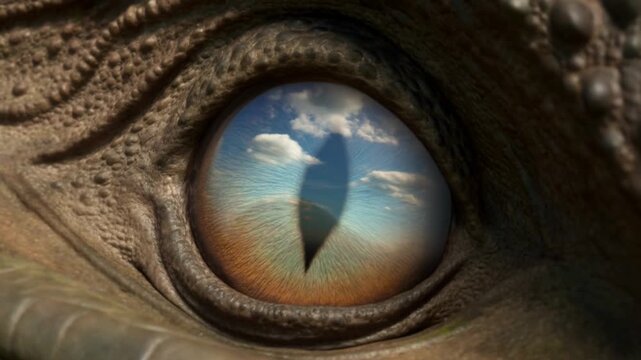 Slow motion close up of reptile eye blinking and reflecting cloudy sky on textured scaly skin surface