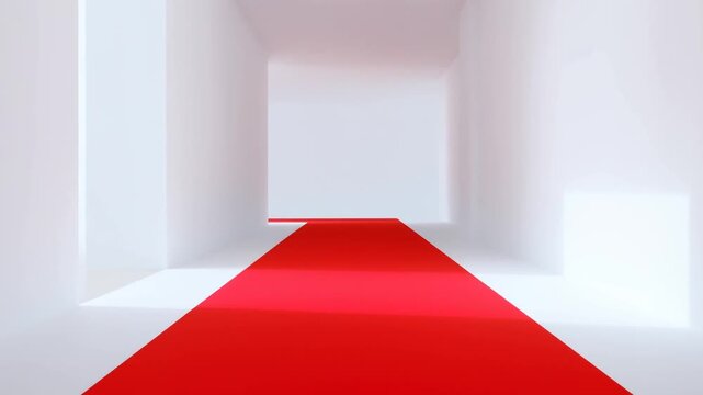 Tracking shot of red carpet leading forward through minimal white interior corridor with dolly movement and converging perspective