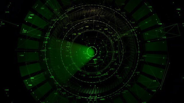 Advanced radar sonar HUD with scanning data points. Ideal for military technology, cyber security surveillance, and futuristic aerospace navigation interface concepts.