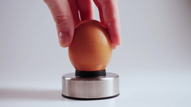 A hand holds a chicken egg and carefully pierces the shell using an egg piercer, egg pricker. The small hole helps prevent cracking during boiling and makes peeling easier after cooking. High quality