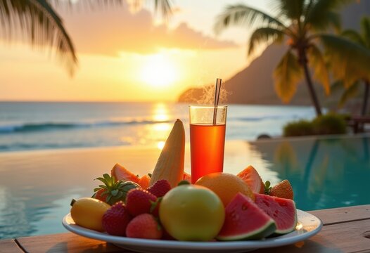 Exotic Fruit Harmony Infinity Pool Cabana Tropical Sanctuary Lush Resort Escape