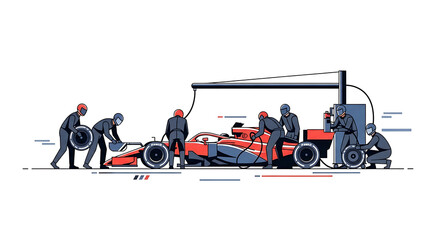 Fototapeta premium Formula one pit stop, racing car tire change, speed, teamwork, automotive engineering, professional mechanics in action on a neutral background