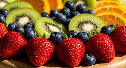 Obraz premium Colorful assortment of fresh fruits including strawberries, blueberries, kiwi, and orange slices arranged on a wooden surface. Bright lighting enhances freshness, texture, and natural vibrant colors.