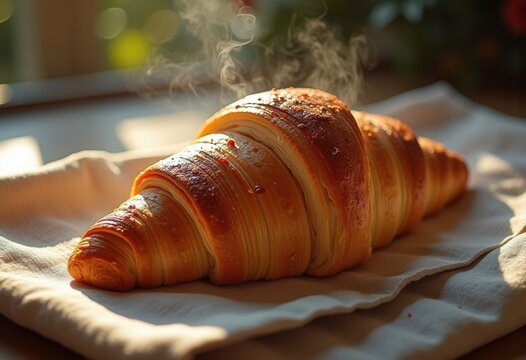 Flaky Croissant on Textured Linen Breakfast Cloth Morning Delight Gourmet Baked Good