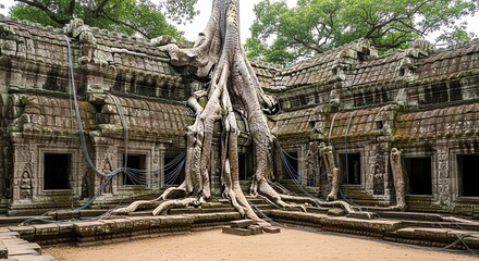 Naklejka premium Ancient Temple Ruins with Large Tree Roots Growing Over Structure.