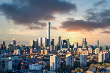 Fototapeta premium Beijing's core Business District (CBD) architectural cluster and landmark skyscrapers at sunset, China