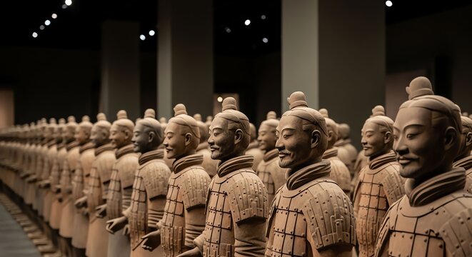 Ancient Terracotta Army Soldiers Displayed in Museum Exhibition.