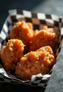 Golden Coated Fried Chicken in Checkered Paper Tray Crisp Crunchy Delightful Bites