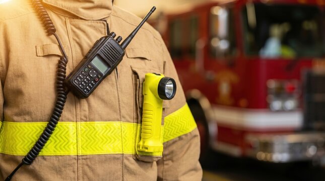 Firefighter in protective gear with radio and flashlight, fire truck in background.