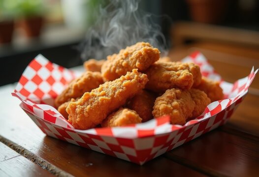 Golden Coated Fried Chicken on Checkered Paper Tray With Mouthwatering Crunch