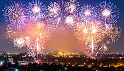 Obraz premium Vibrant Fireworks Illuminate City Skyline at Night, Celebration Event