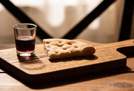 Red wine in a small glass and unleavened bread on a wooden board, holy communion and religious symbols for Christian worship, faith, and spiritual ceremony