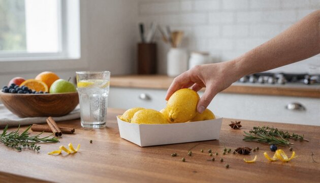 Picking a lemon in sunny kitchen