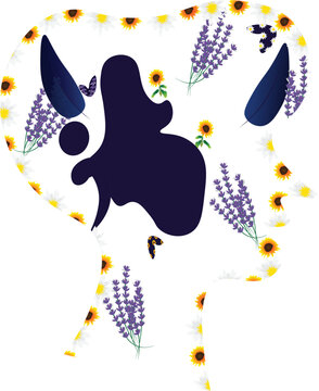 Floral Head Silhouette with Semicolon, Butterfly and Feather Mental Health Concept Illustration. This composition represents mental health awareness, resilience, healing, and personal growth.
