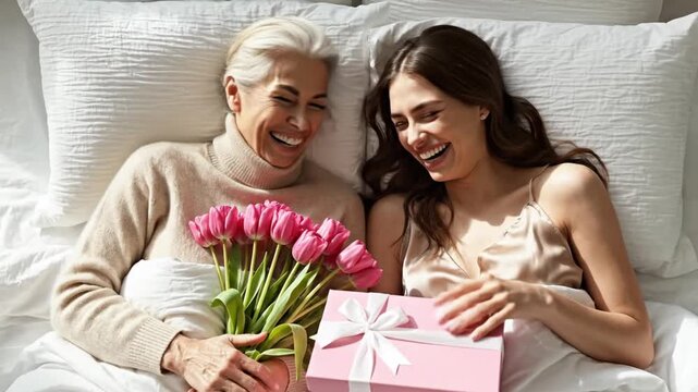 Happy senior mother and daughter laughing in bed with flowers