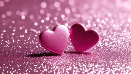 Fototapeta premium Two pink hearts leaning together on glittery surface