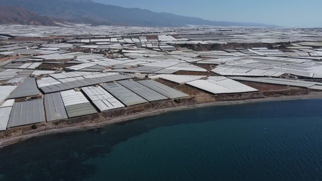 Rows of plastic greenhouses along the Mediterranean. Almeria, Spain.