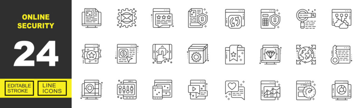 Online Security line icon set. Vector pictograms of monitor, newsletter, rating, protection, synchronization, calculator, browsing, cloud, badge, payment, touchscreen, package. Editable stroke.