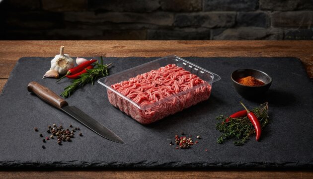 Premium ground beef under dramatic low-key lighting