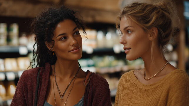 Two former best friends pass each other in a grocery store aisle, one mid-reach for the same product, eye contact held a second too long, neither speaking, friendship breakup aftermath, urban grocer