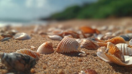 Fototapeta premium Close-up view of scattered seashells resting on golden beach sand with gentle ocean waves in the background.