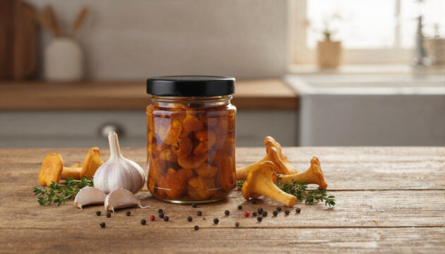 Preserved chanterelles on rustic wooden kitchen table