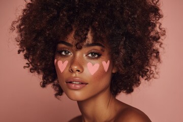 Fototapeta premium Close-up portrait of a woman with an Afro hairstyle, warm lighting and heart makeup for a Valentine's mood