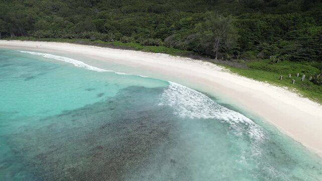 Drone flying around grand anse beach, white sandy beach, untouched nature, La Digue, Seychelles 30fps 014