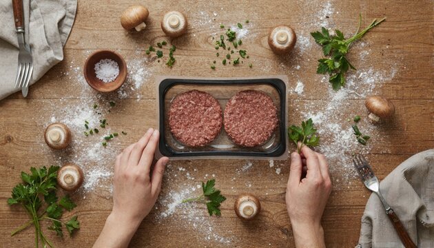 Rustic kitchen table with raw plant-based burger ingredients