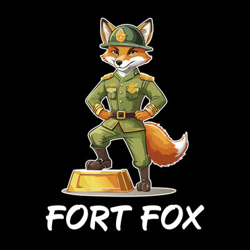 Fort Fox Maskottchen &ndash; Cartoon Fuchs Soldat Logo mit Milit&auml;runiform, Comic Charakter