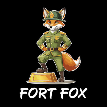 Fort Fox Maskottchen &ndash; Cartoon Fuchs Soldat Logo mit Milit&auml;runiform, Comic Charakter