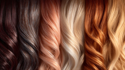 Naklejka premium Natural Hair Color Spectrum with Shiny Waves – Beauty, Salon, and Haircare Shade Range Concept