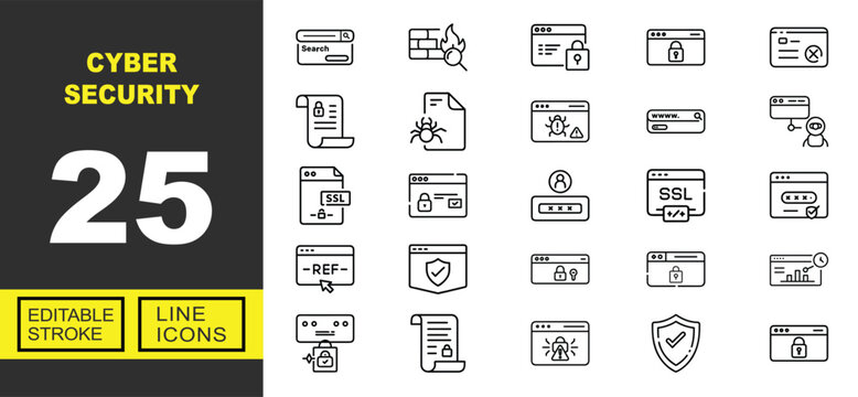 Cyber Security line icon set. Vector pictograms of search, firewall, browser, lock, website, document, malware, bug, url, bot, certificate, login, password, shield. Editable stroke.