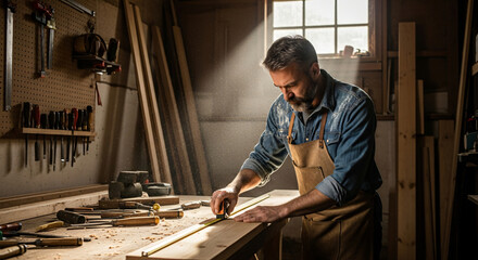 Fototapeta premium A skilled carpenter in his workshop, focused on meticulously measuring wood for a new project, bathed in natural light