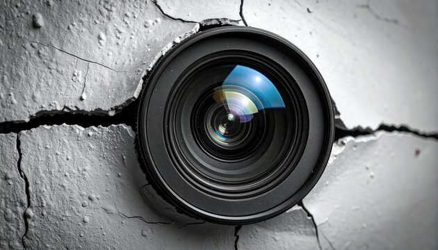 Camera lens emerging from a cracked concrete wall, surveillance concept
