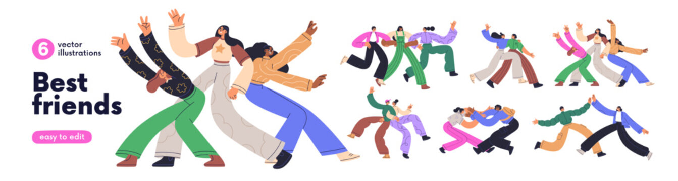 Best friends, people having fun together set. Young men and women dancing, hugging. Happy relationships, friendship, connection concept. Flat graphic vector illustrations isolated on white background